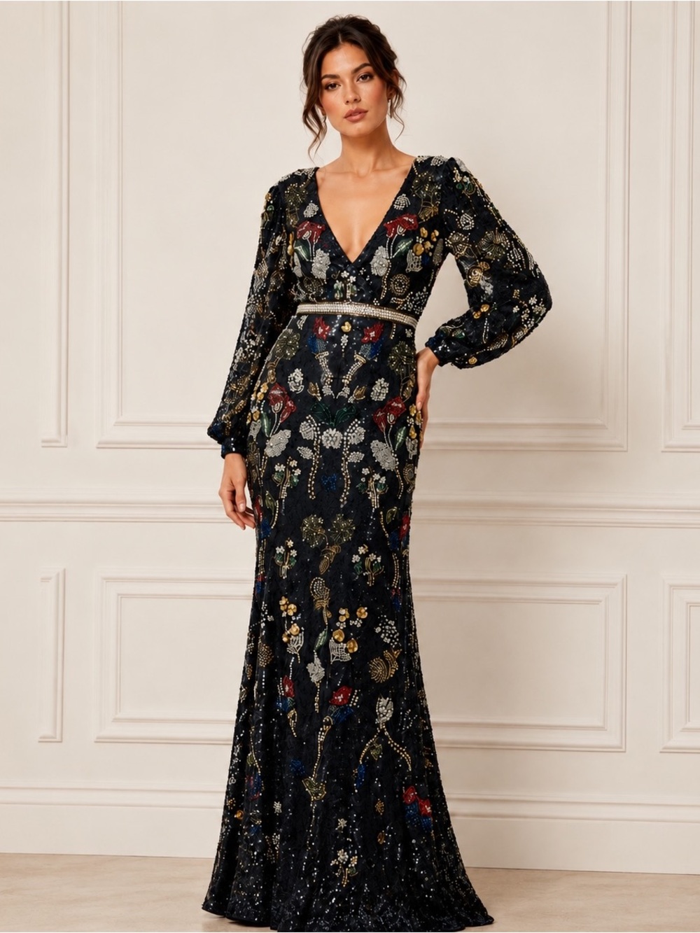 MAC DUGGAL Embellished Wrap Over Bishop Sleeve Gown